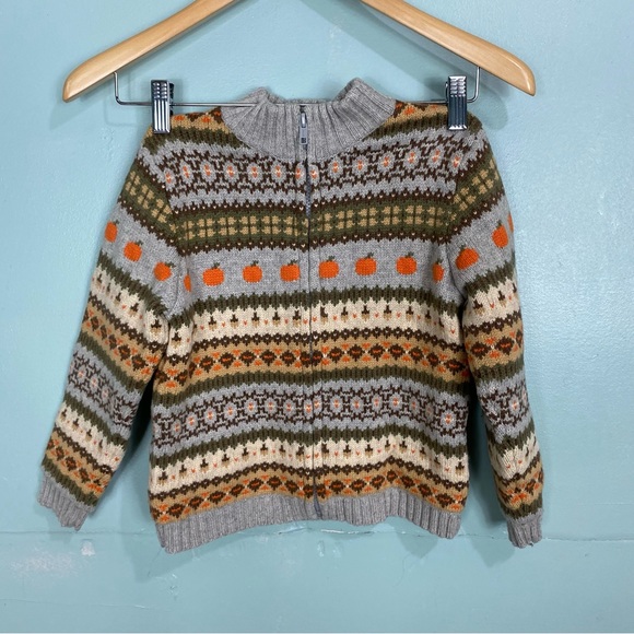Janie and Jack Other - Janie & Jack Pumpkin Fair Isle Sweater Zip Up Thanksgiving Fall Pumpkin Sz 5 T